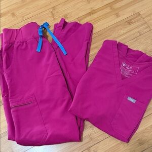 Figs Vibrant Pink Scrub Set with Blue Accent